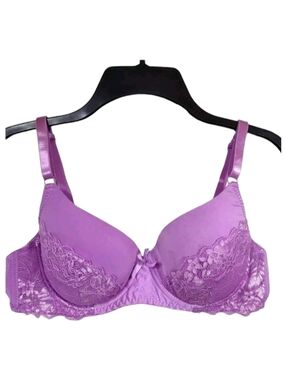 Sofra Purple Floral Lace Trim Underwired Balconette Bra Center Bow Accent 36C